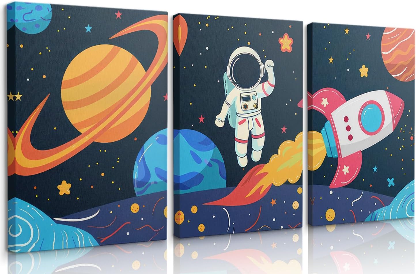 3 Pcs Astronaut Canvas Wall Art Nursery Space Wall Decor Painting Outer Space Planet Pictures Prints Rocketship Posters Explore Dream Galaxy Artwork for Boys Room Ready to Hang(12X16in Canvas)