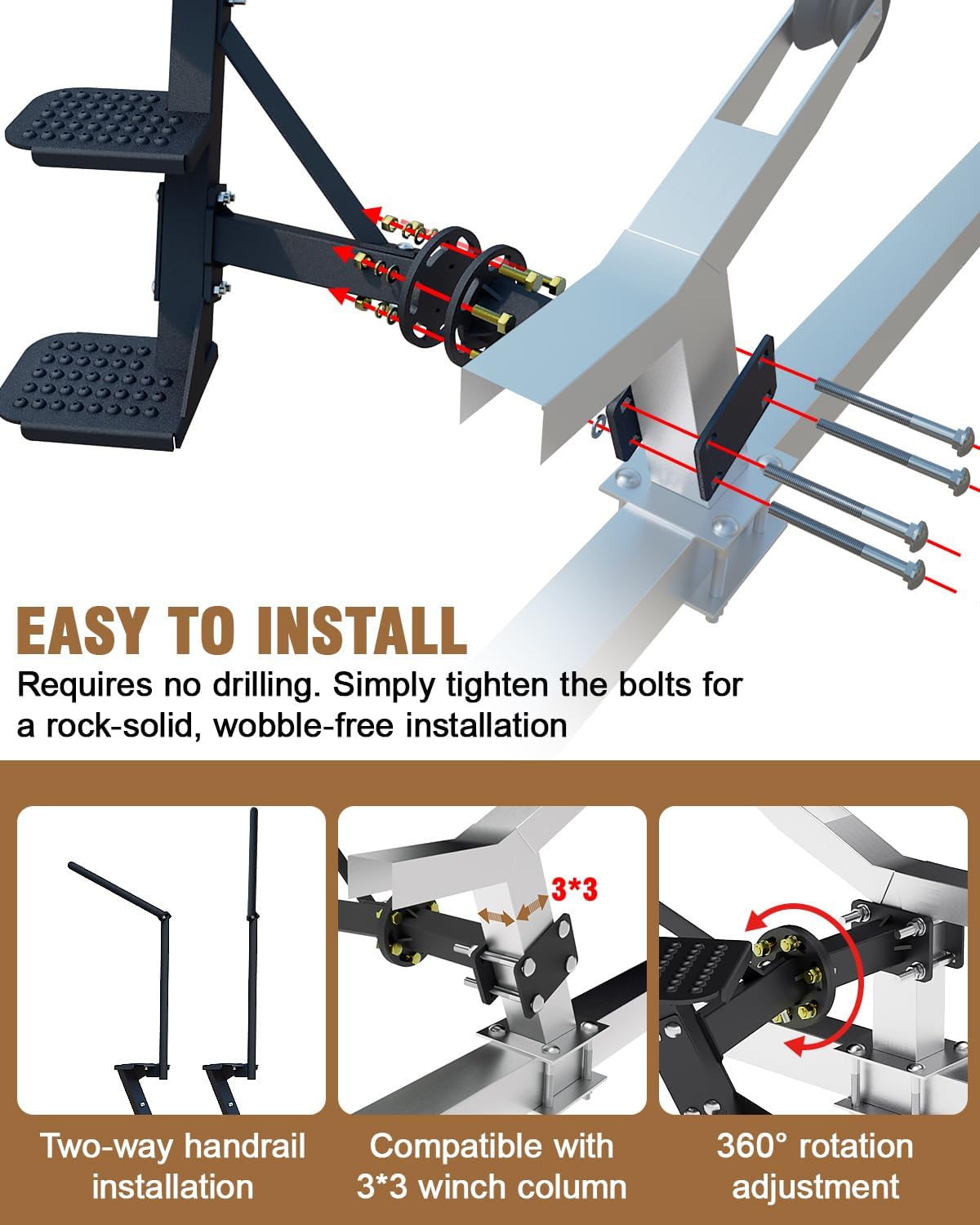 Heavy Duty Boat Trailer Steps with Handrail, Non-Slip Surface, Boat Trailer Winch Post Steps Compatible with Bass Boat,450Lbs Capacity