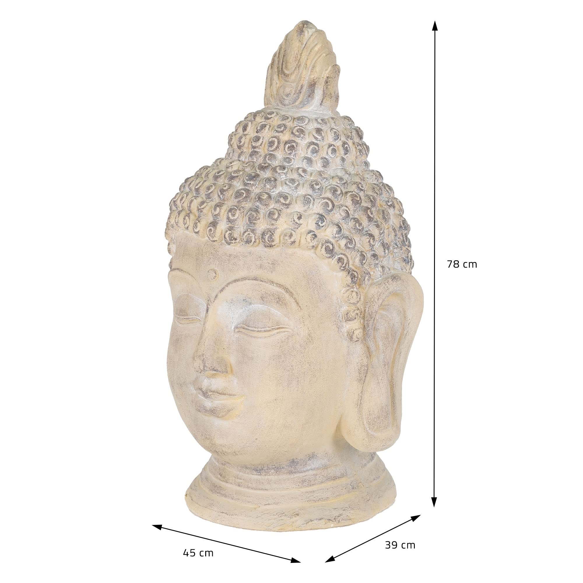 ECD Germany Figurka Buddy, 78 cm, beżowy/szary, sztuczny kamień z żywicy poliestrowej, głowa statuetka rzeźba dekoracyjna Feng Shui, figurka ze sztucznego kamienia, dekoracja ogrodowa, Azja, obiekt