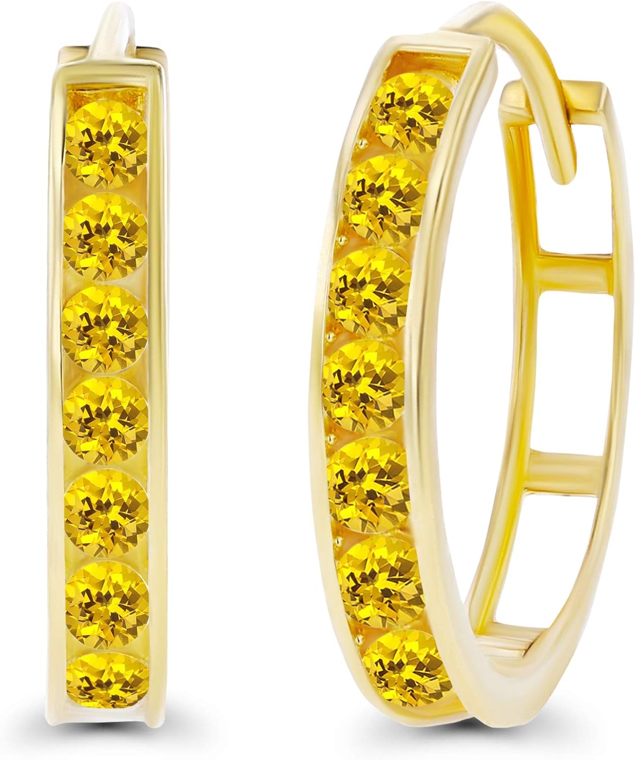 Solid 14K Gold 3x17mm Genuine Birthstone Channel Set Huggie Earrings For Women | 3mm Round Birthstone | Natural or Created Gemstone Huggie Hoop Earrings For Women