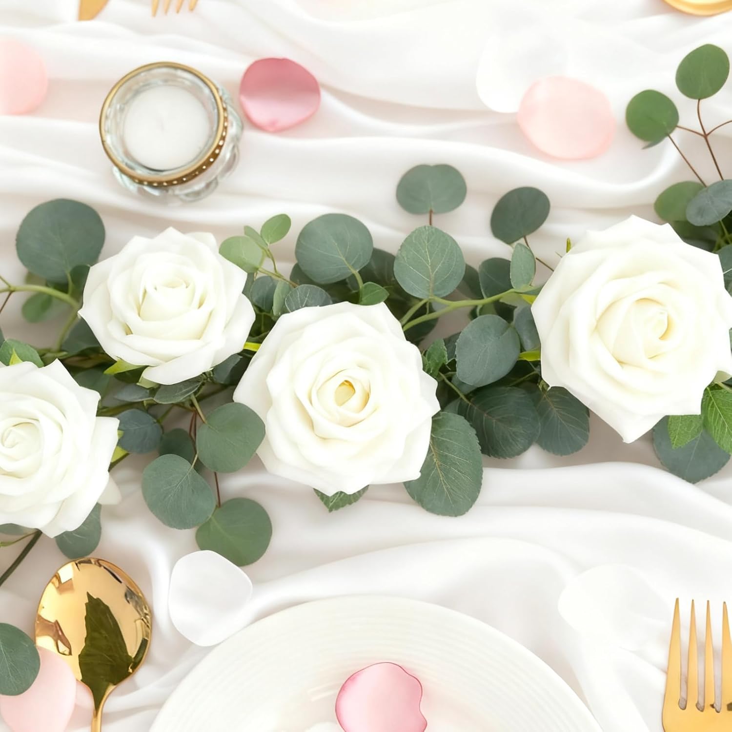 6FT Artificial Eucalyptus Garland with 14 Fake White Rose Flowers - Floral Greenery Decoration Vine for Wedding Centerpieces, Table Runner, Backdrop, Arch Wall Decor,Indoor/Outdoor​ (2 PCS)