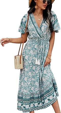 Amazon.com: Fleur Wood Vestido largo de verano para mujer, estampado  floral, manga corta, cuello en V, playa, fiesta, boda, invitada : Ropa,  Zapatos y Joyería
