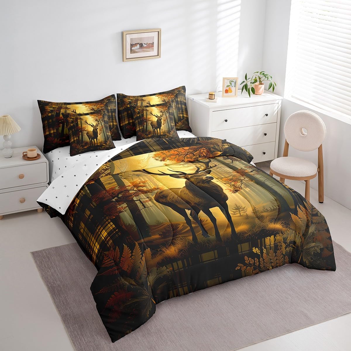 Feelyou Deer Comforter Set with Sheets Wild Animal Hunting Theme 7 Piece Bedding Set for Kids Boys Girls Jungle Deer Bed in a Bag Soft Bedding Comforters Queen Size