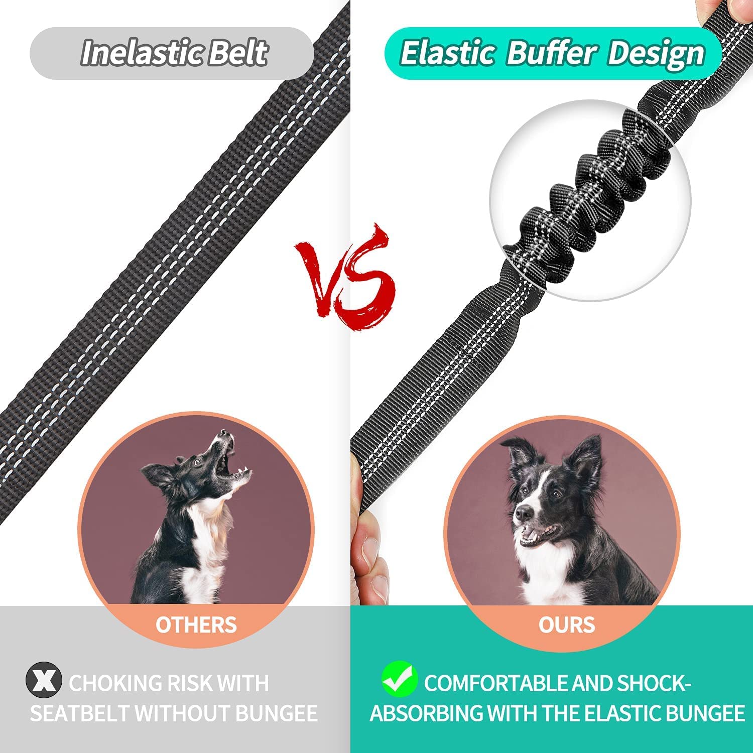 WapaW Pet Car Seat Belt - Car Harness for Dogs Adjustable Safety Seat Belt for Car. Durable Nylon Reflective Elastic with Bungee Buffer for Shock Attenuation (Bungee CAR Belt_Pack of 1, Black/Grey) 4