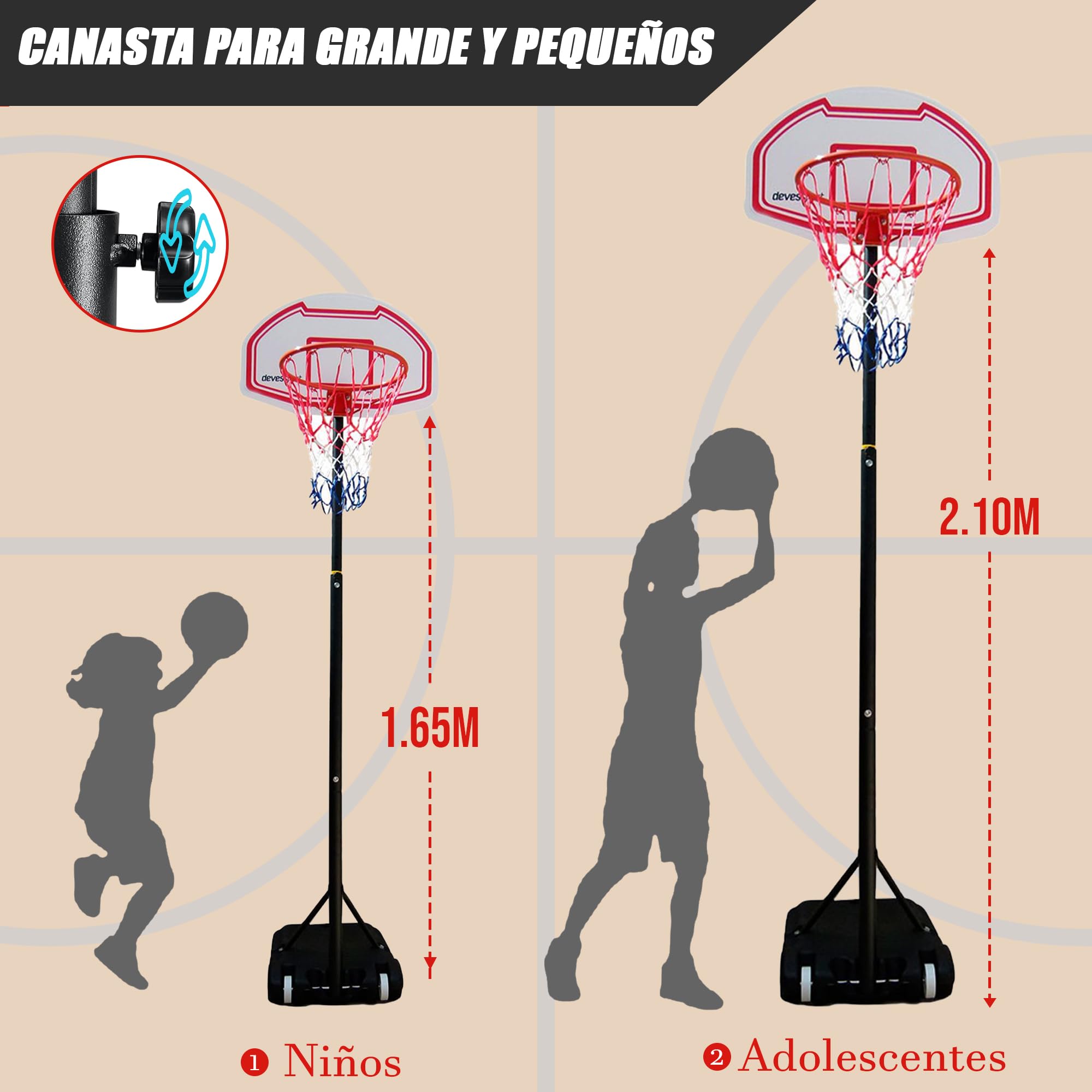 DEVESSPORT Canasta Baloncesto Regulable 165-210 cm | Canasta Baloncesto Adolescentes y Adultos para Exterior | Canasta Ajustable con Base Estable y Aro con Red