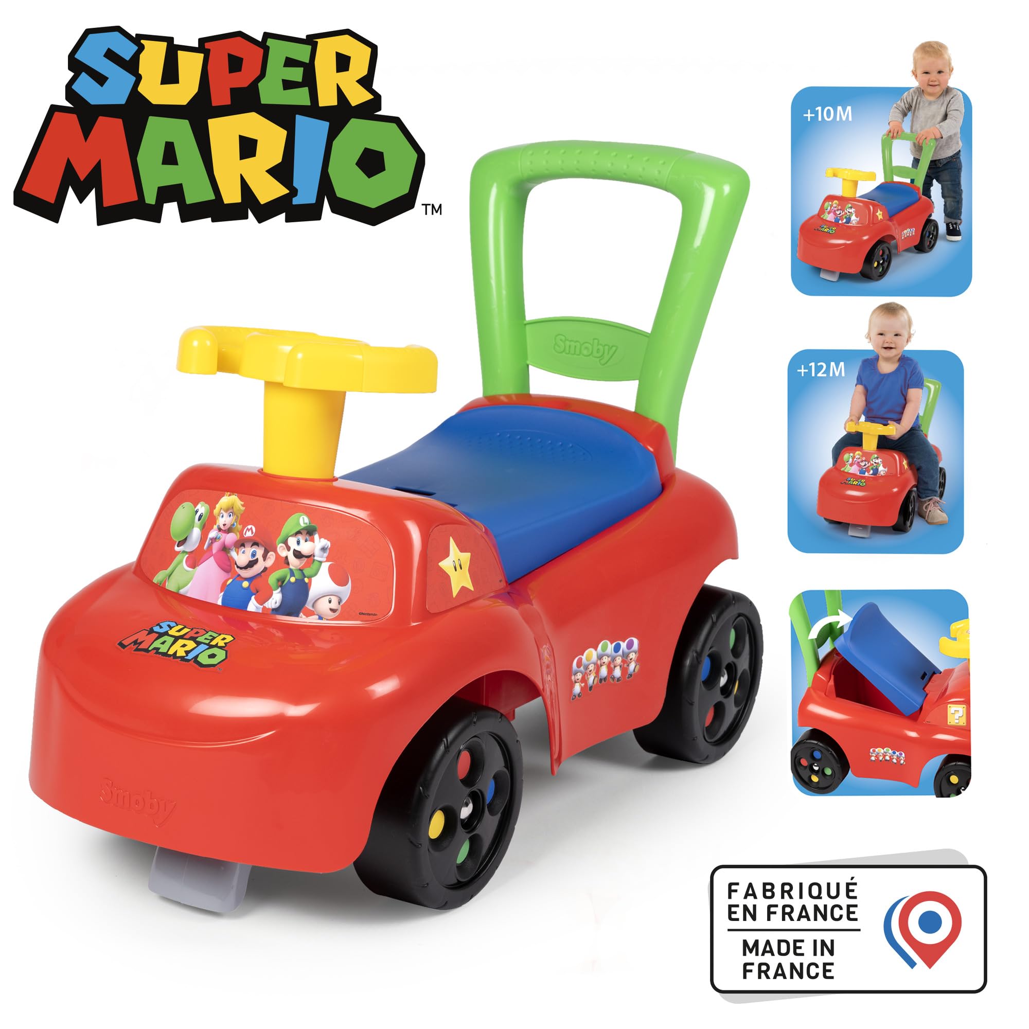 Smoby - Super Mario - Samochód do jeżdżenia - Ergonomiczne podwozie - Zabezpieczenia przed przewróceniem - Kierownica - Funkcja jeżdżenia - Od 10 miesięcy - Wyprodukowano we Francji