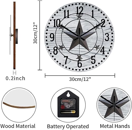 Miniatura 2 de Reloj de pared retro con estrella de Texas del oeste, reloj de madera antigua, sin tictac, silencioso, funciona con pilas, con números grandes,