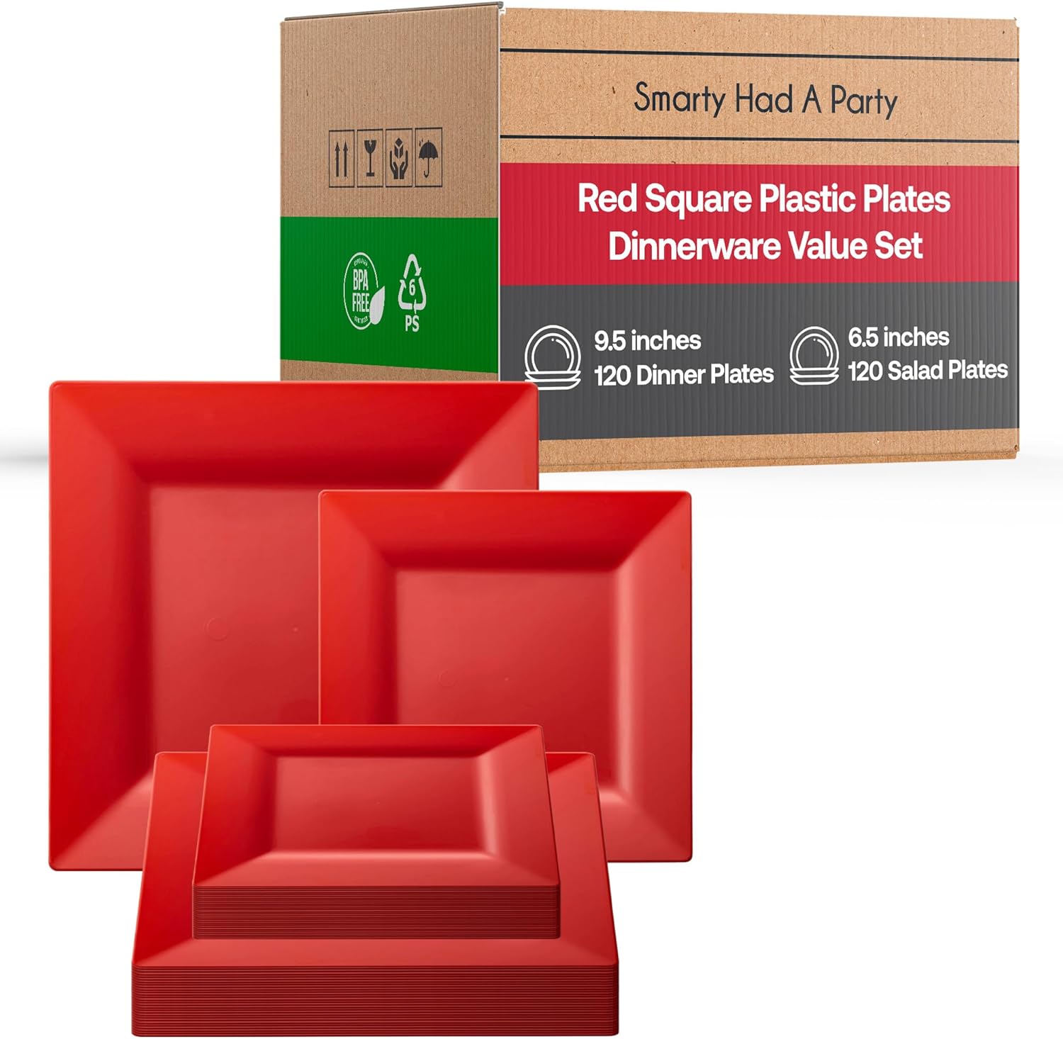 Smarty Had A Party 120 Elegant Disposable Plastic Dinnerware Set, Red Heavy Duty Plastic Plates, Combo Plate Set