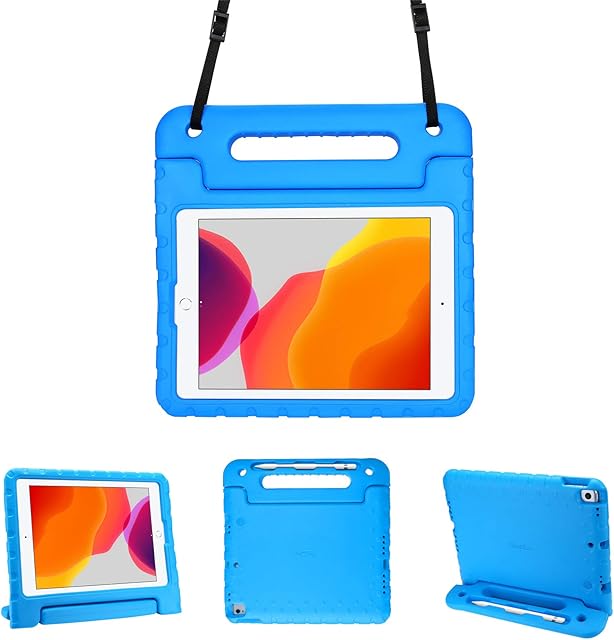ProCase Kids Case for iPad 10.2 Inch 2020 2019 (7th 8th Generation) / iPad Pro 10.5/ iPad Air 3, Super Shockproof Cover Lightweight Protective Case, with Pen Holder Shoulder Strap -Blue