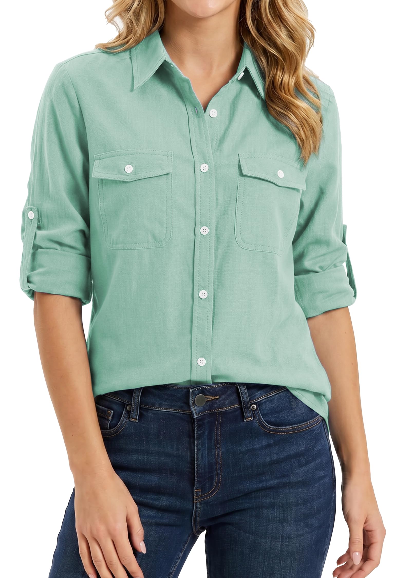 Enmain Camicia Donna a Maniche Lunghe Camicia Lino Donna Casual con Bottoni e Maniche Risvoltabili con 2 Tasche per Estate e Spiaggia S-3XL