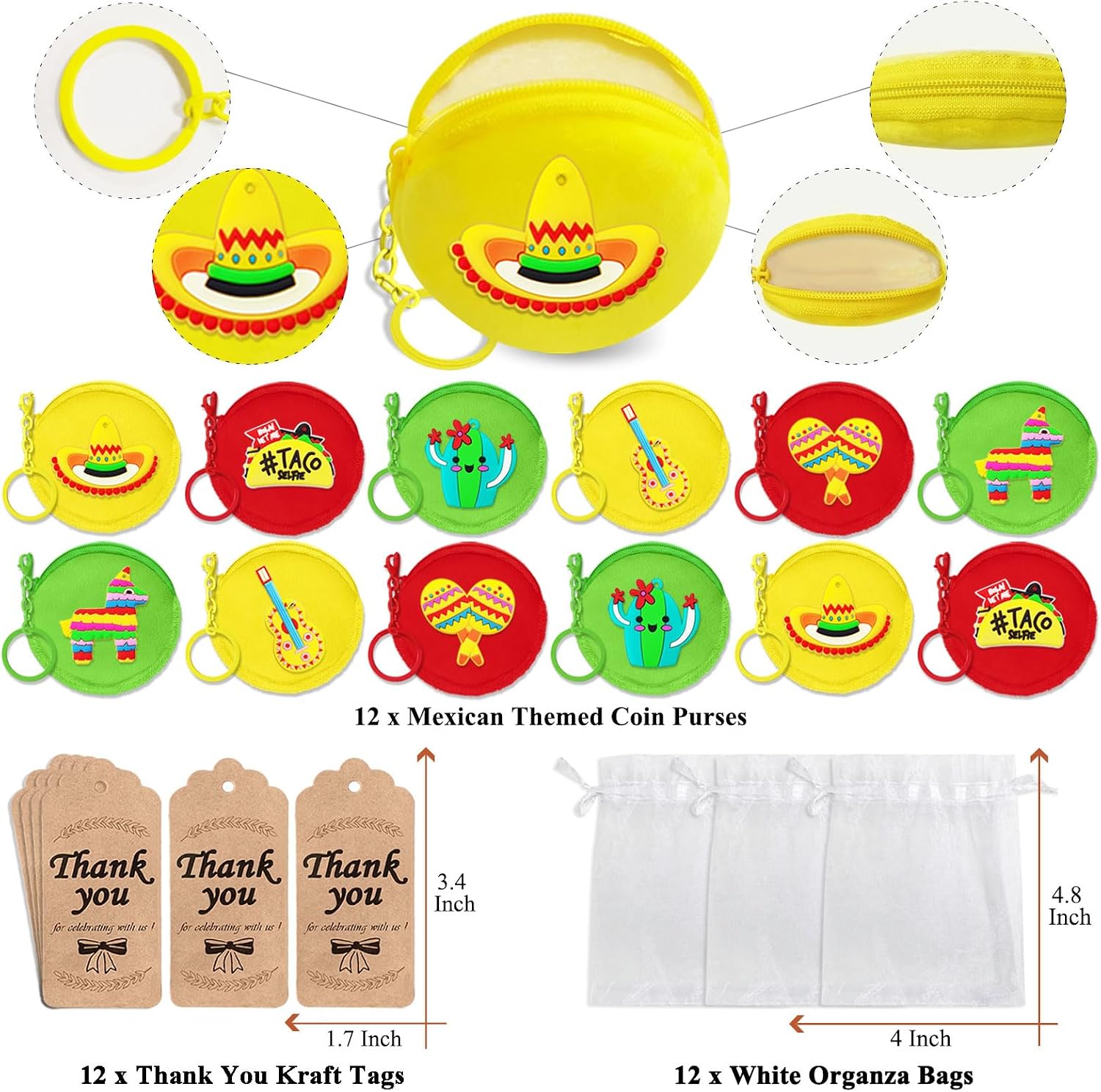 12 Pack Mexican Coin Purse with Zipper Keychain,Wallet Bag Party Favors for Birthday Party Decoration, Mexican Themed Baby Shower,School Carnival Rewards,Travel,Classroom Prize