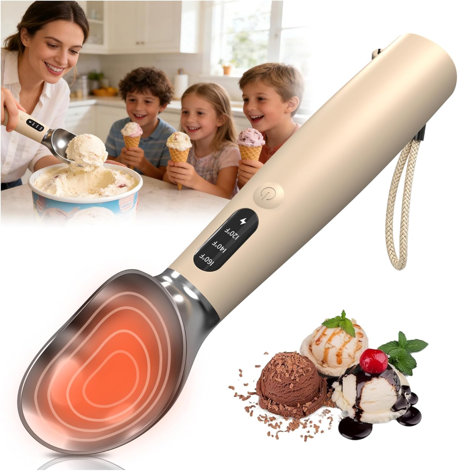 Heated Ice Cream Scoop for Hard Ice Cream, 3-Speed Electric Ice Cream Scooper with USB-C Fast Charging, Cordless & Rechargeable, Ergonomic Handle for Arthritis & Weak Hands,LED Display, Easy to Clean