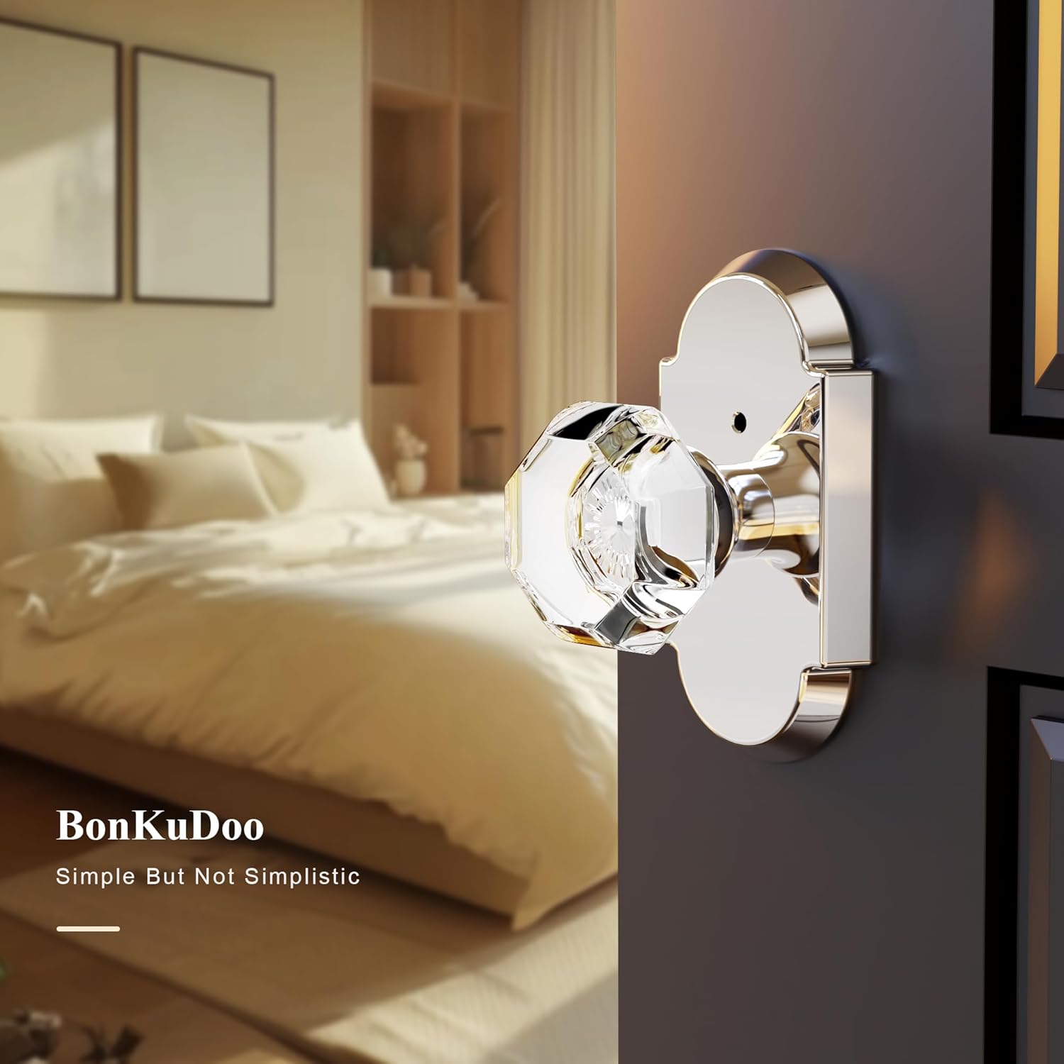 Crystal Door Knobs with Lock for Bed/Bath, Interior Privacy Door Handle, Octagonal Glass Door Knobs Polished Chrome