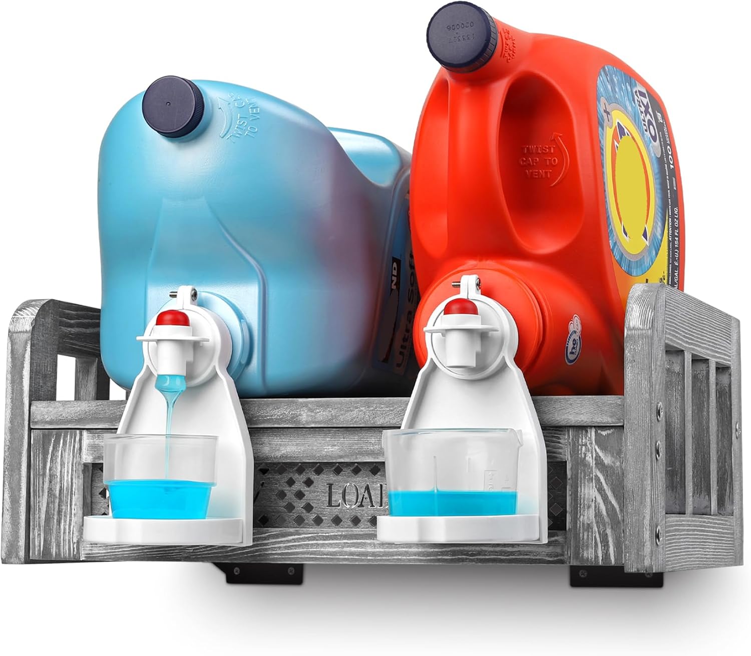 Besuerte Wooden Liquid Detergent Holder, Wall Mount Detergent Holder For Laundry Room, Farmhouse Laundry Detergent Dispensers Organization Storage-Hold Two Laundry Soap Tubs (Rustic Gray)