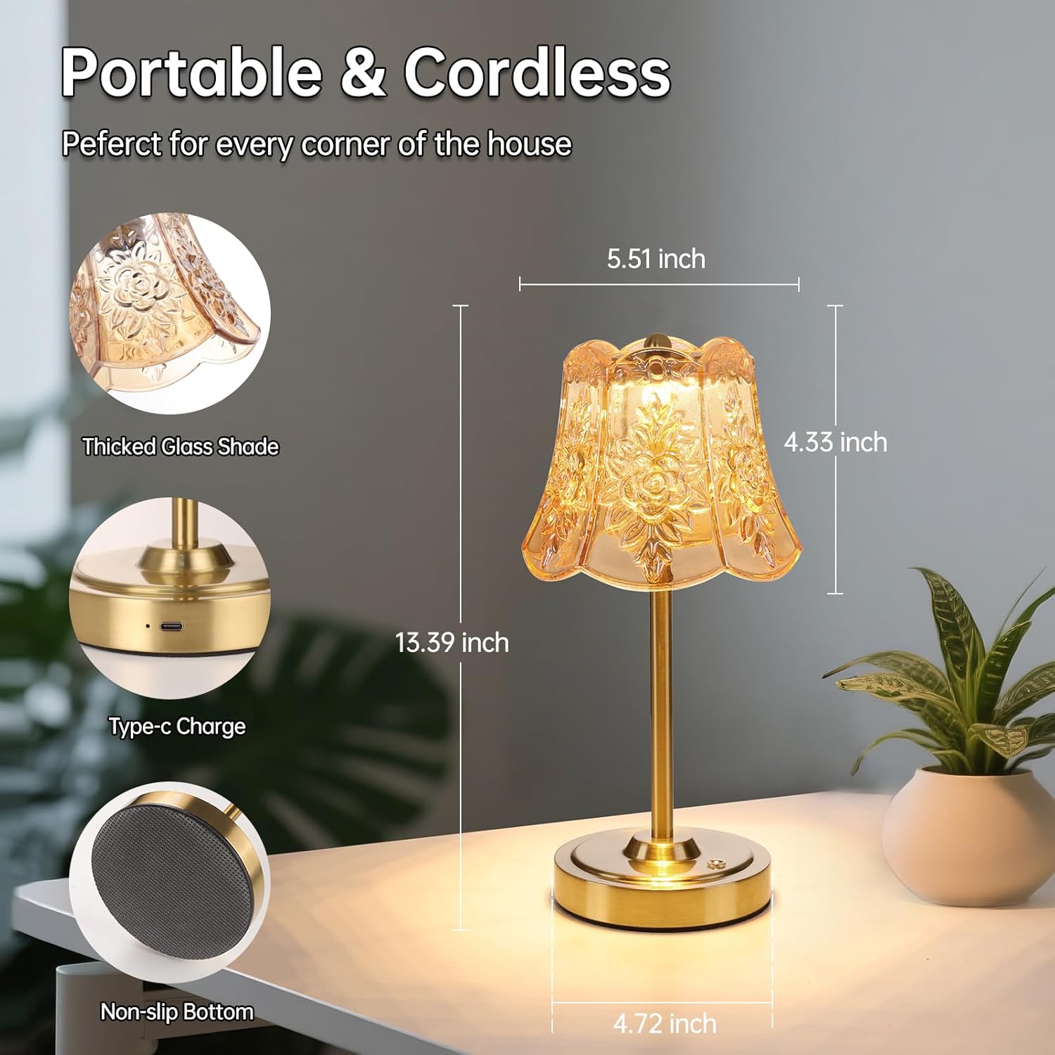 Cordless Touch Table Lamp with 5200mAh Battery - 3 Adjustable Color Temperatures & Dimmable, Rechargeable Desk Lamp for Bedroom, Living Room, Office, Entryway, Bookshelves (Amber Rose)