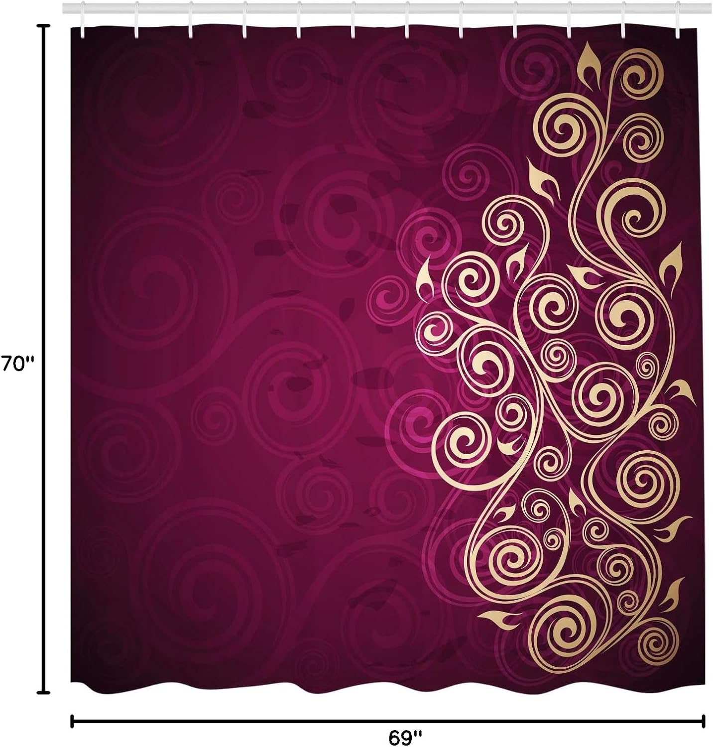 Ambesonne Ornamental Shower Curtain, Floral Swirls Ivy Image Ombre Details Grunge Backdrop Flower Illustration, Cloth Fabric Bathroom Decor Set with Hooks, 70" Long, Dark Magenta