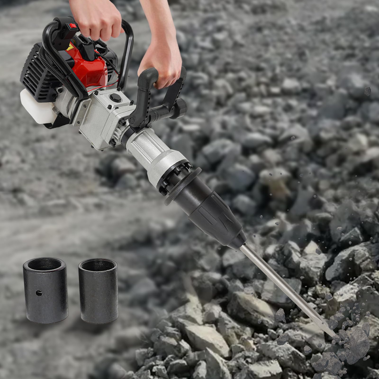 32.7cc 2-Takt 1000W Gasolina Pfahlramme mit Umrüstkopf zu Abbruchhammer, 25-50J Schlagenergie Einzelzylinder Benzin Werkzeugmaschine für Zaunbau, Gartenarbeit und Erdlochbohren