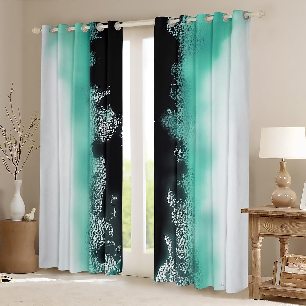 Castle Fairy Light Blue Curtains Kids/Adults Abstarct Black Ink Art Painting Curtain,Window Treatment Curtain for Boys Girls Room Decor,Watercolor Tie Dye Boho Window Drapes,Top 2 Panel,38Wx45L