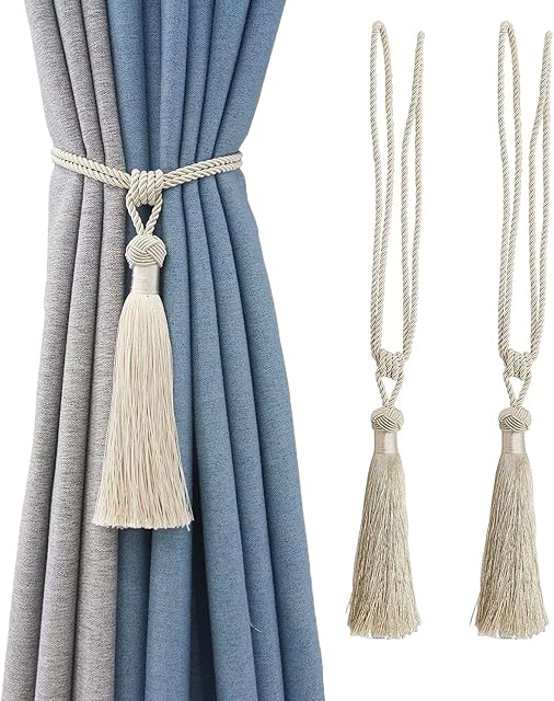 2 Pack Curtain Tiebacks Long Tassel Handmade Braided Rope Knot Drape Curtain Holdbacks Decorative Tie Backs for Home Office Drapery