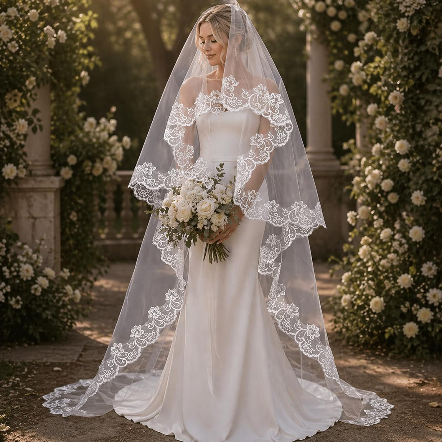 Cathedral Wedding Veil 118 Inch, Long Lace Bridal Veil with Comb, White Ivory Tulle Veil for Bride Wedding Accessories for Women