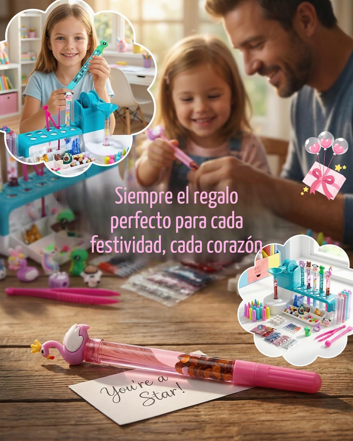 Set de plumas de bricolaje para niños a partir de 6 años, con 50 accesorios para 10 plumas personalizadas (purpurina, plumas, personajes), set creativo como regalo para el cumpleaños de los niños y el