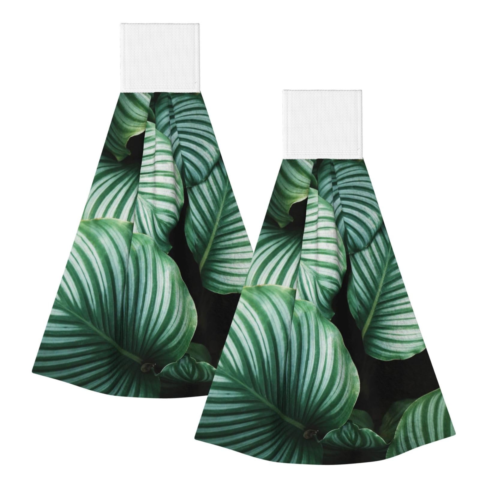 DOPKLNA Green Tropical Plant Leaves Printed, 2 Pcs Hanging Coral Fiber Hand Towels for Bathroom, Absorbent Kitchen Towels