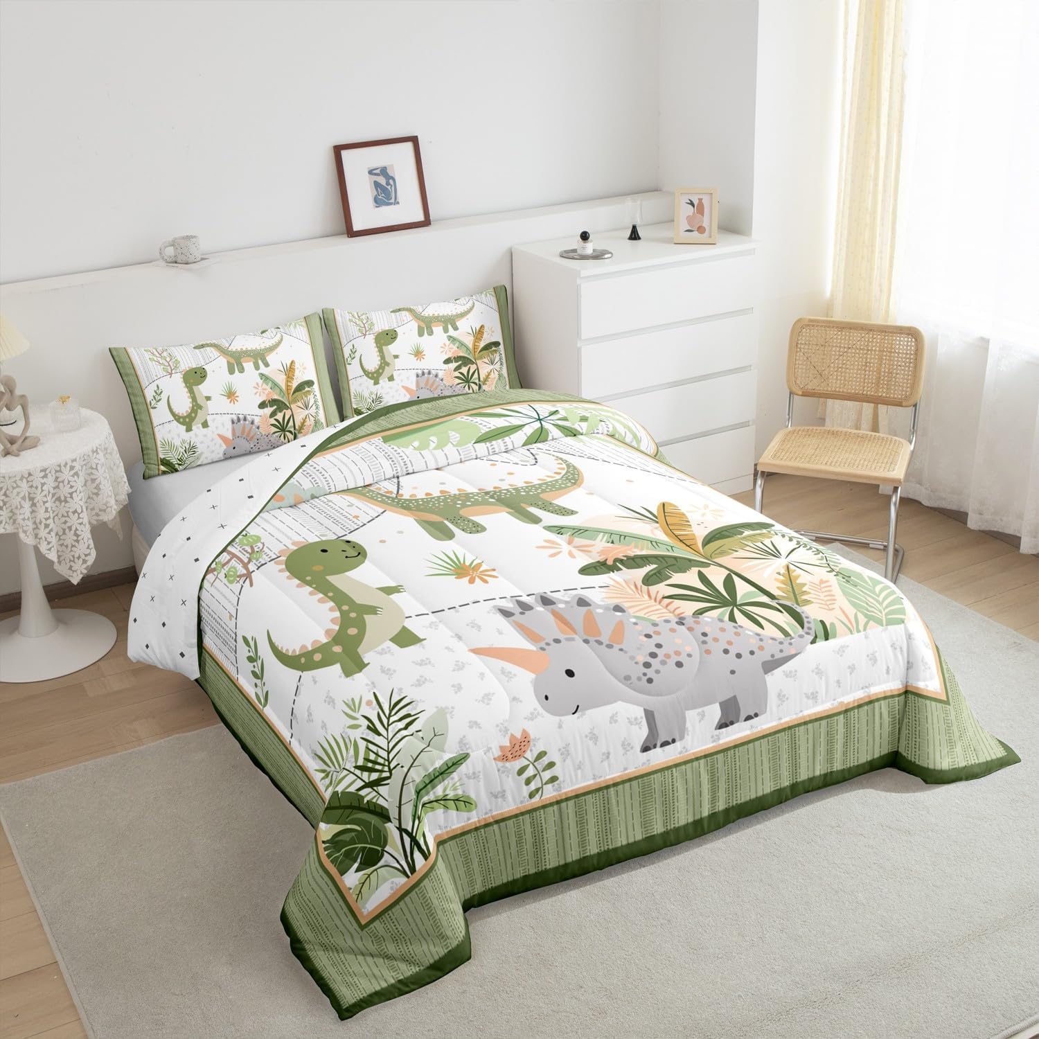 Feelyou Kids Cute Dinosaur Bedding Set King Size Cartoon Dinosaur Comforter Set for Boys Girls Teens Green Grey Duvet Set Coconut Plant Quilt Set 3Pcs