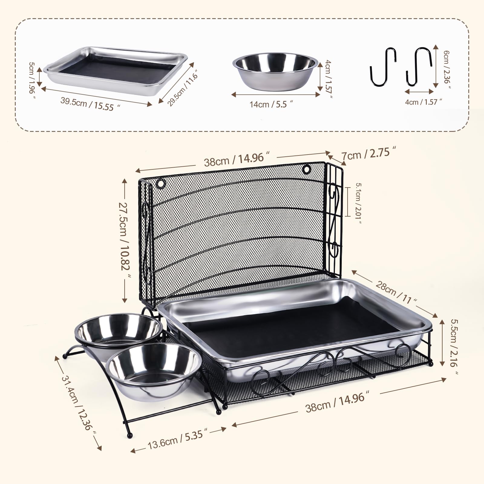 Mangiatoia 3 in 1 per coniglio con lettiera in acciaio inox e 2 ciotole per animali domestici, grattugia, per piccoli animali domestici, conigli, criceti, porcellini d'India