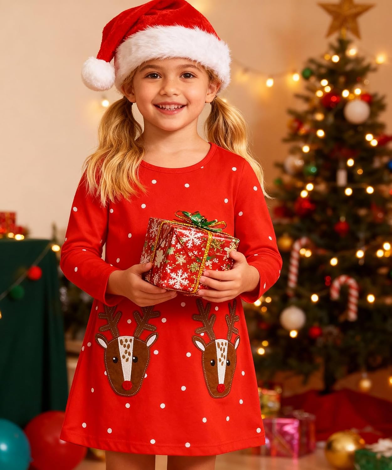 Hongshilian Girls Cotton Long Sleeve Dress Casual Cartoon Appliques Party Dresses - Image 2