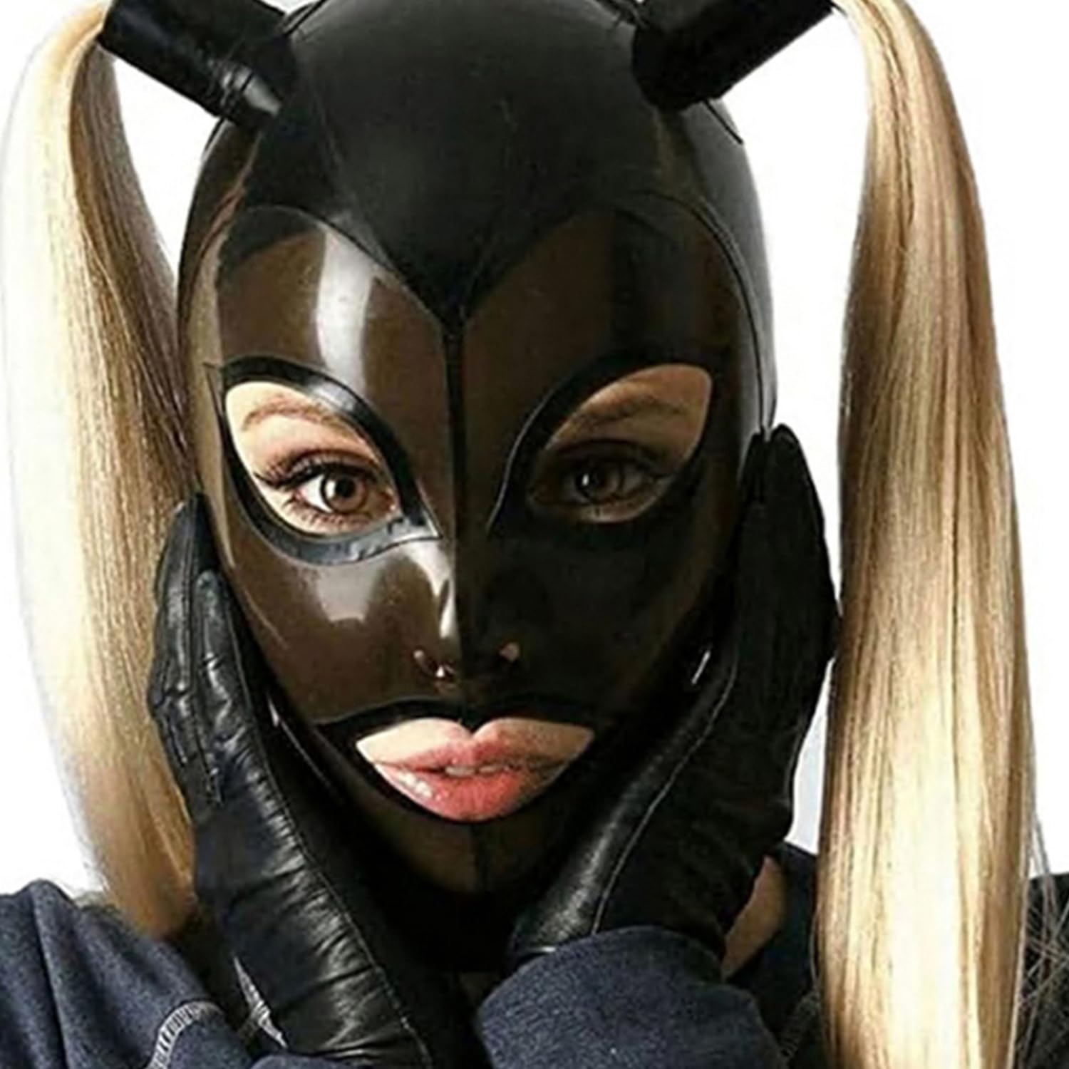 WXLPCGO Latex Hood Rubber Head Mask with Wigs Ponytails Open Eyes Mouth Back Zipper BDSM Fetish Handmade for Unisex(Size:XL-70CM)