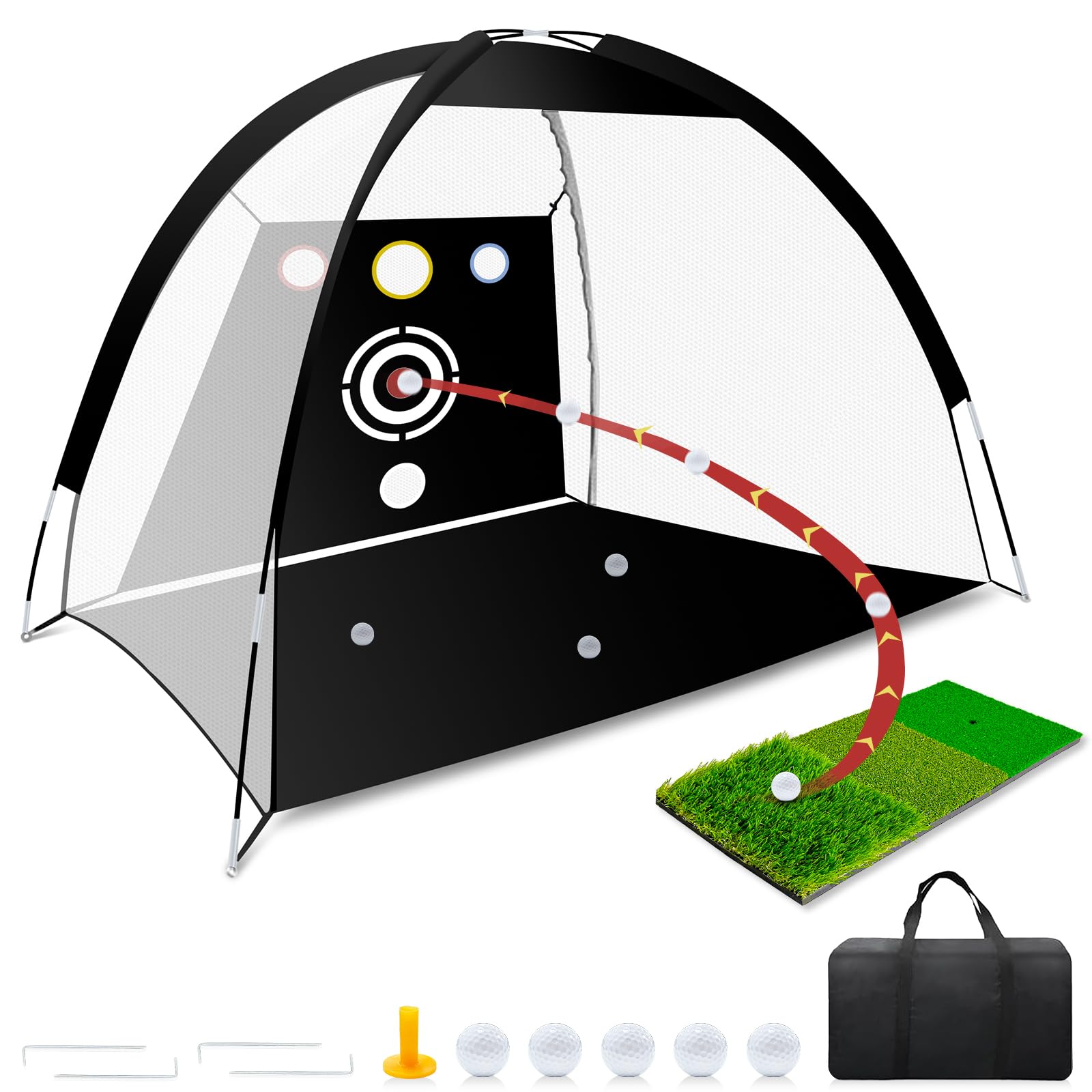 Golf Net - Upgraded 10x7ft Practice Net with 5 Real Balls, Tri-Turf Mat and Portable Storage Bag, Durable Hitting Net for Backyard Driving Swing Outdoor - Gifts for Golfing Lovers - Golf Accessories