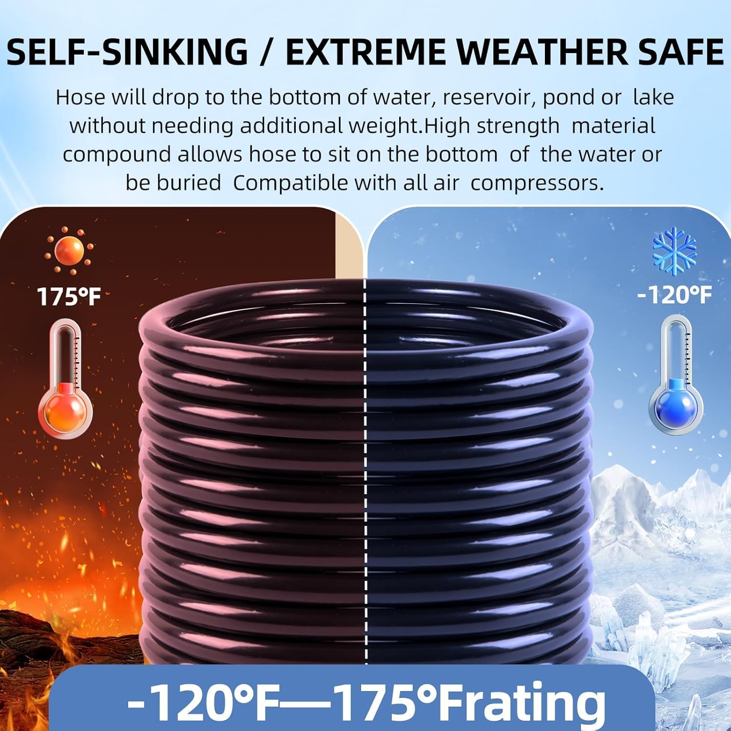 3/8 Inch Self Sinking Aeration Hose 100 Feet Weighted Pond Aerator Hose Kit 8 Stainless Steel Hose Clamps and 4 Menders Pond Aeration Tubing for Your Diffused Aeration System