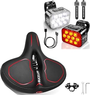 BUCKLOS Bike Large Seat for Ebike Beach Cruiser Peloton Stationary Red & Bike Lights Front and Back for Night Riding,10 LED Ultra Bright 8+9 Modes USB Rechargeable Light Set, 35 Hrs Battery Life