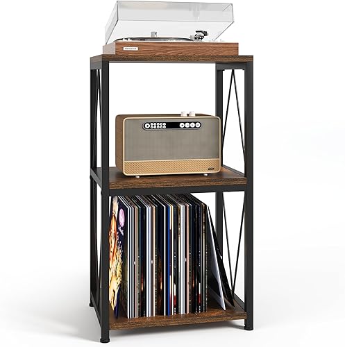 Y&M Soporte para tocadiscos con almacenamiento de vinilo, mesa de exhibición de 3 niveles para CD de álbum, soporte para tocadiscos, mesa auxiliar