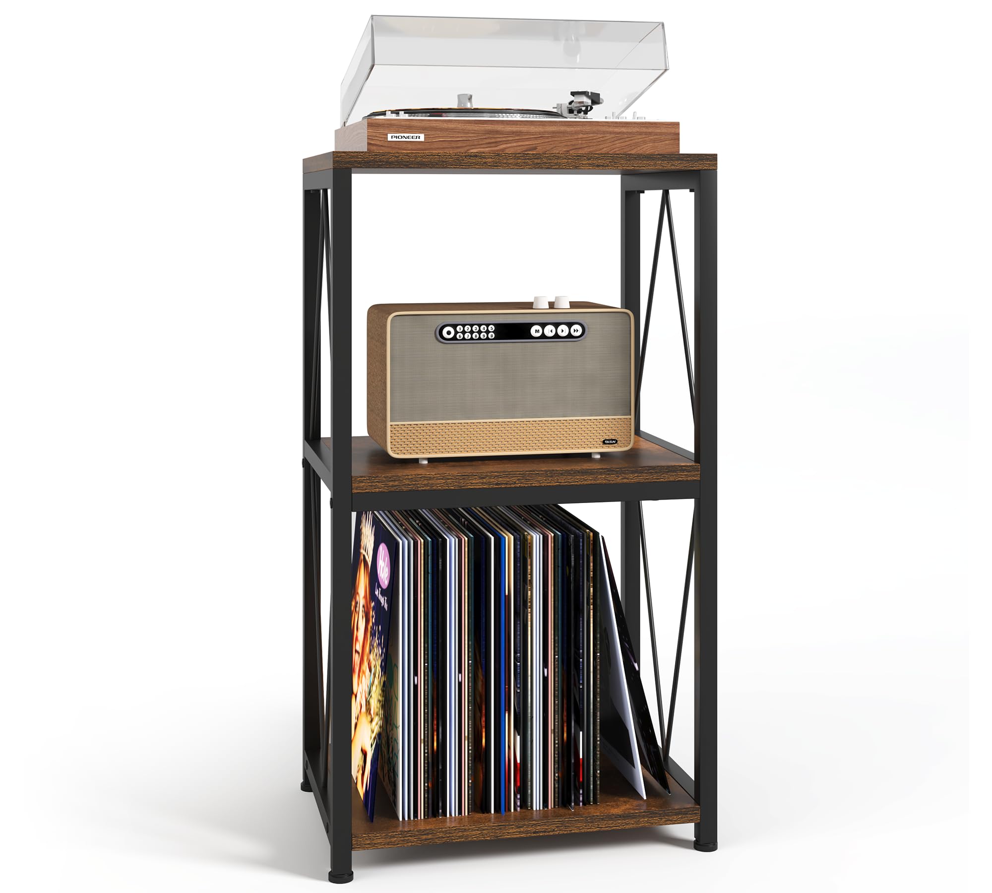 Y&M Record Player Stand, Turntable Stand with Vinyl Record Storage, 3-Tier Record Shelf Display Table for Album CD, Turntable Holder, End Table for Bedroom, Living Room, Office, Rustic Brown