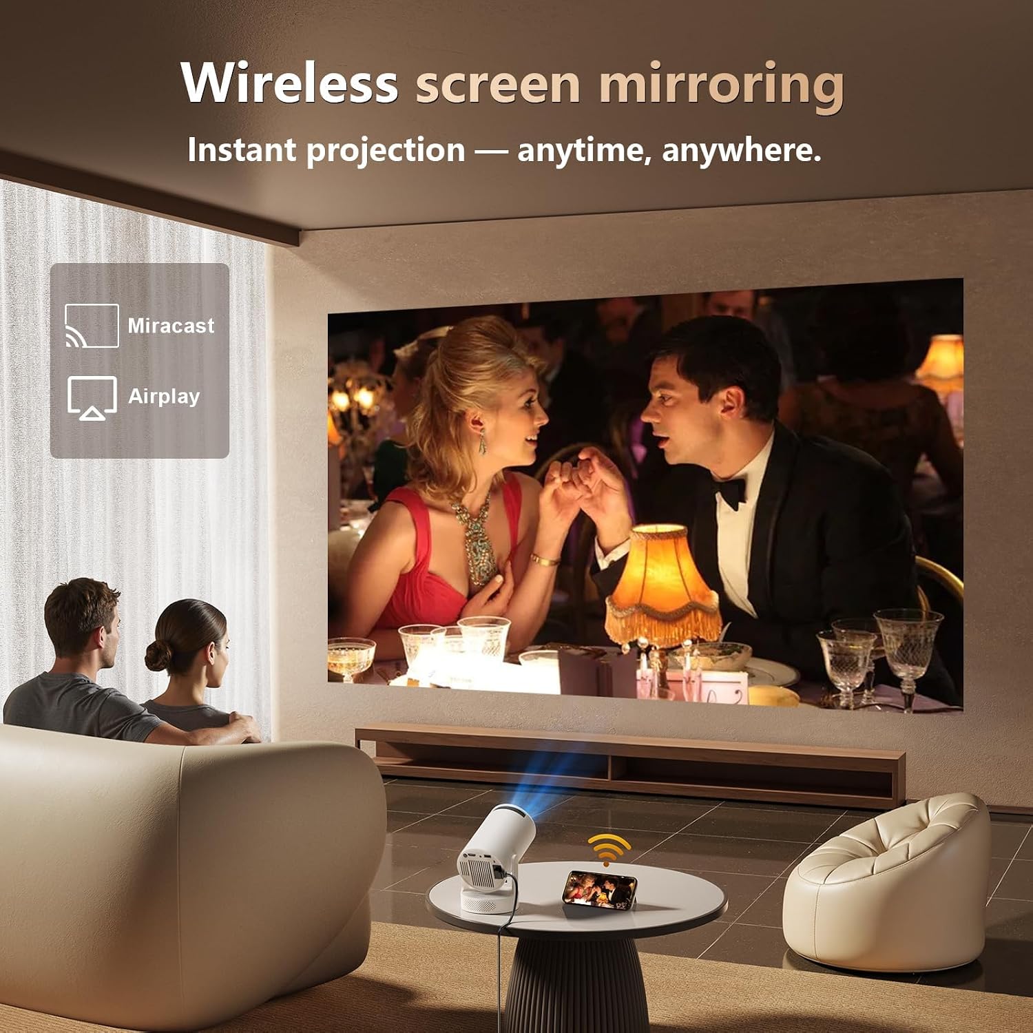 Smart Mini Projector with WiFi 6 and Bluetooth 5.0, Support 4K 1080P, Built-in Apps & 180° Rotation, Auto Vertical Keystone, Portable Movie Projector for Bedroom Home Outdoor, Ivory