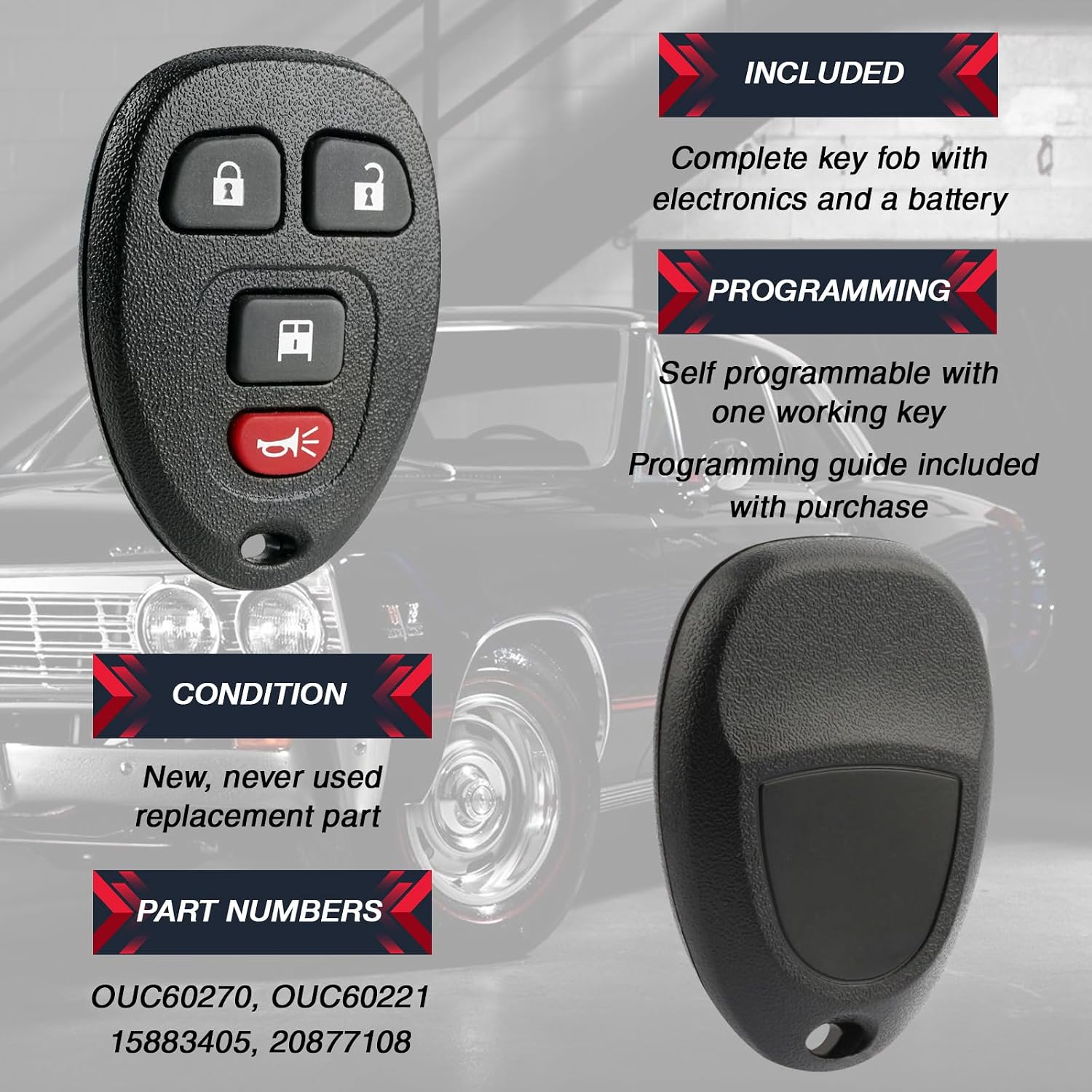 USARemote Keyless Entry Remote Car Van Key Fob Control 4-Button Replacement for Chevrolet Chevy Express GMC Savana (20877108, 15883405, OUC60270, OUC60221)