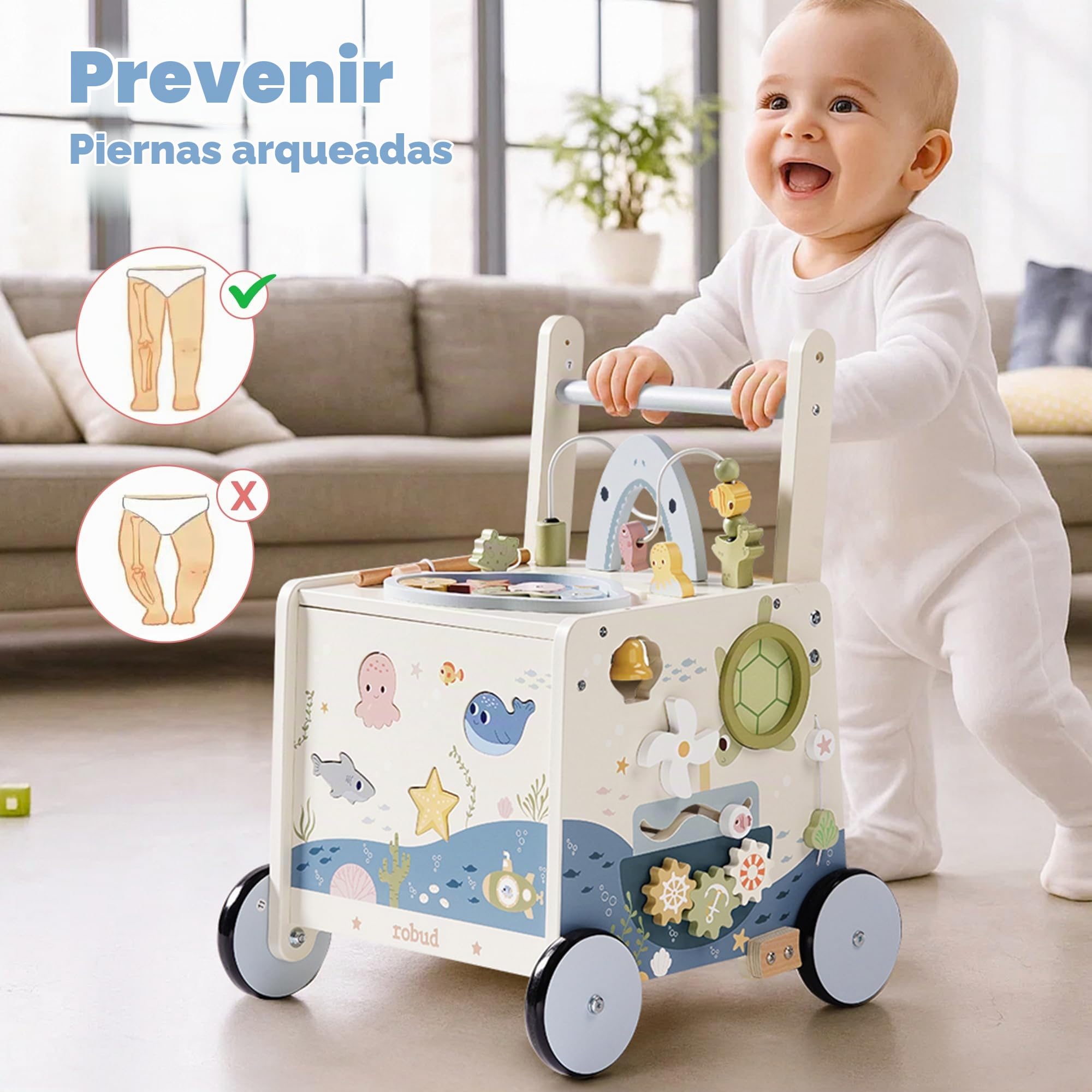 ROBUD Ayuda para caminar de madera, juguete deslizante para niños pequeños con regulación de altura y velocidad, centro de actividades, ayuda para caminar bajo el agua para niños pequeños de 10 a 36