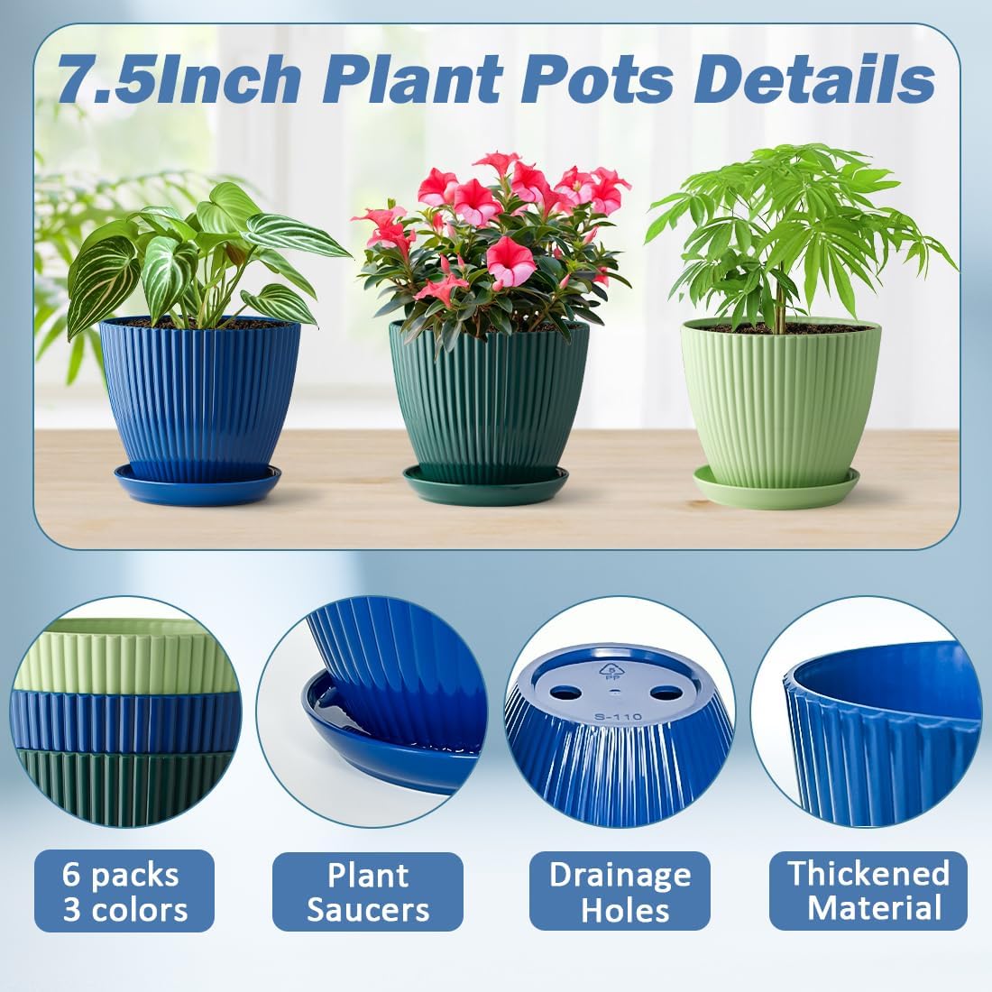 RooTrimmer Plastic Plant Pots, 6 Pack 7.5 Inch Flower Pots with Drainage Holes and Saucer, Planters for Indoor Outdoor Plants, Stylish Decor for Home and Garden(Blue, Green, Dark Green)