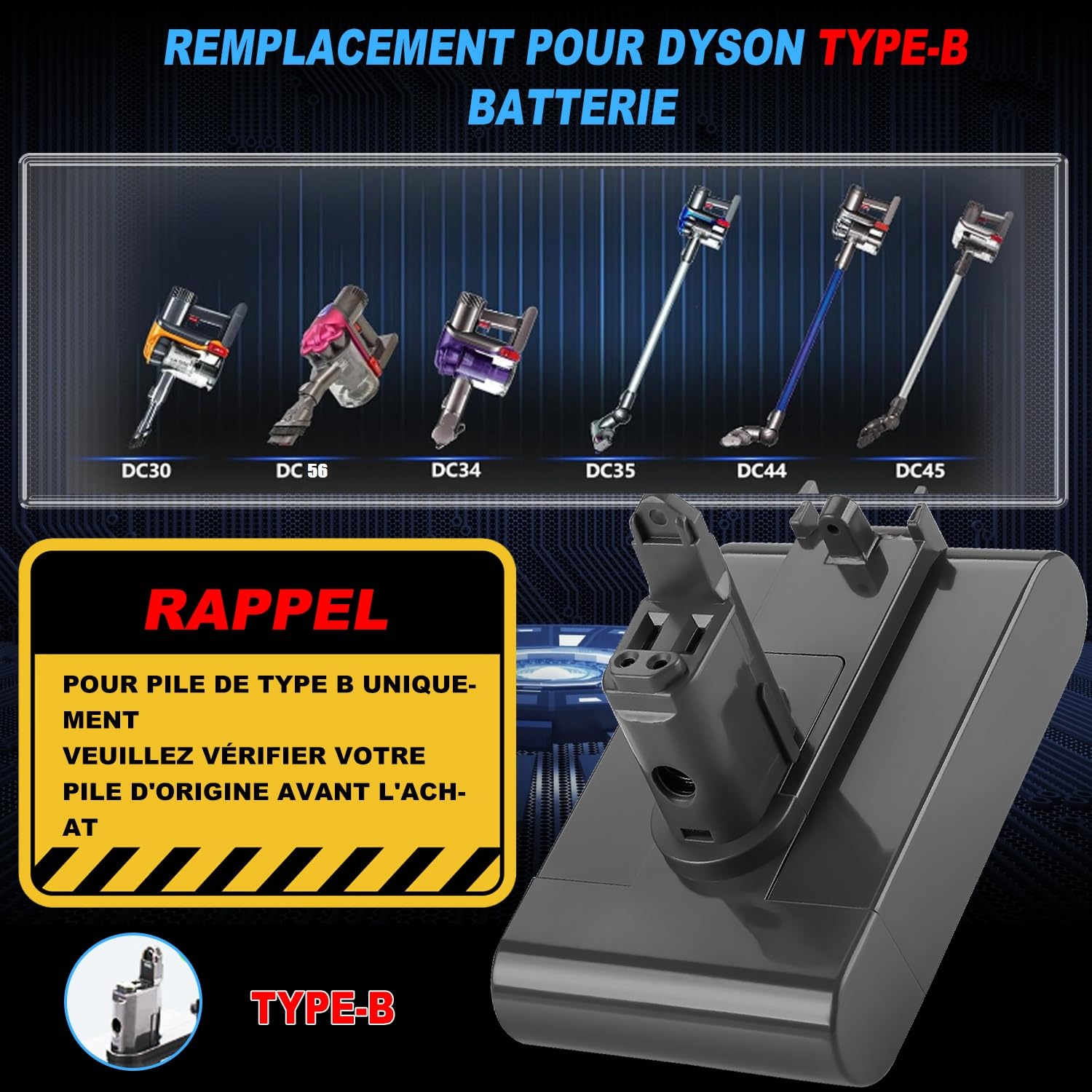 22,2V 4000mAh Type B Batterie pour Dyson DC34 DC35 DC44 DC56 DC57 | Compatible DC34 DC35 DC44 DC45 DC56 DC57，Pas pour type A