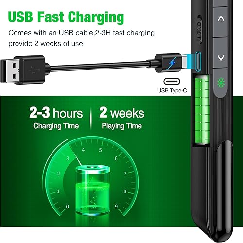 Vista 41 de Presentation Clicker puntero láser verde, recargable PowerPoint Clicker Wireless Presenter Remote, RF 2.4GHz USB Presentation Pointer Slide Advancer