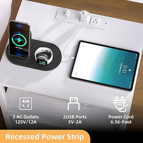 Miniatura 4 de Simple Trending Mesa auxiliar con estación de carga, mesita de noche alta con cajones de tela para vivir, color blanco