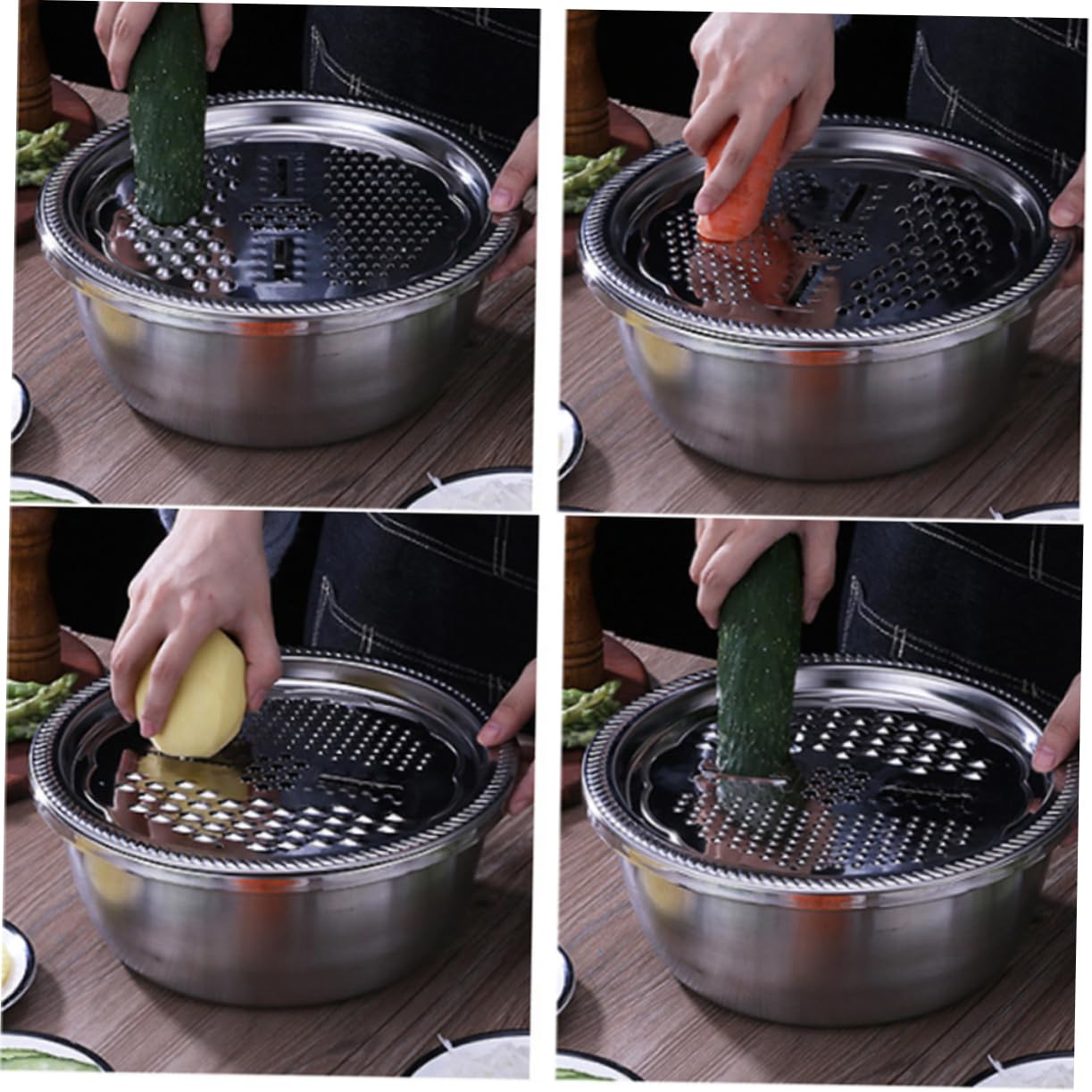 PRETYZOOM Set Utensili da Cucina in Acciaio Inox 3 Pezzi, Bacinella Grattugia Multifunzione Argento, per Frutta e Radice Aromatica, Taglio e Scolatura Efficienti