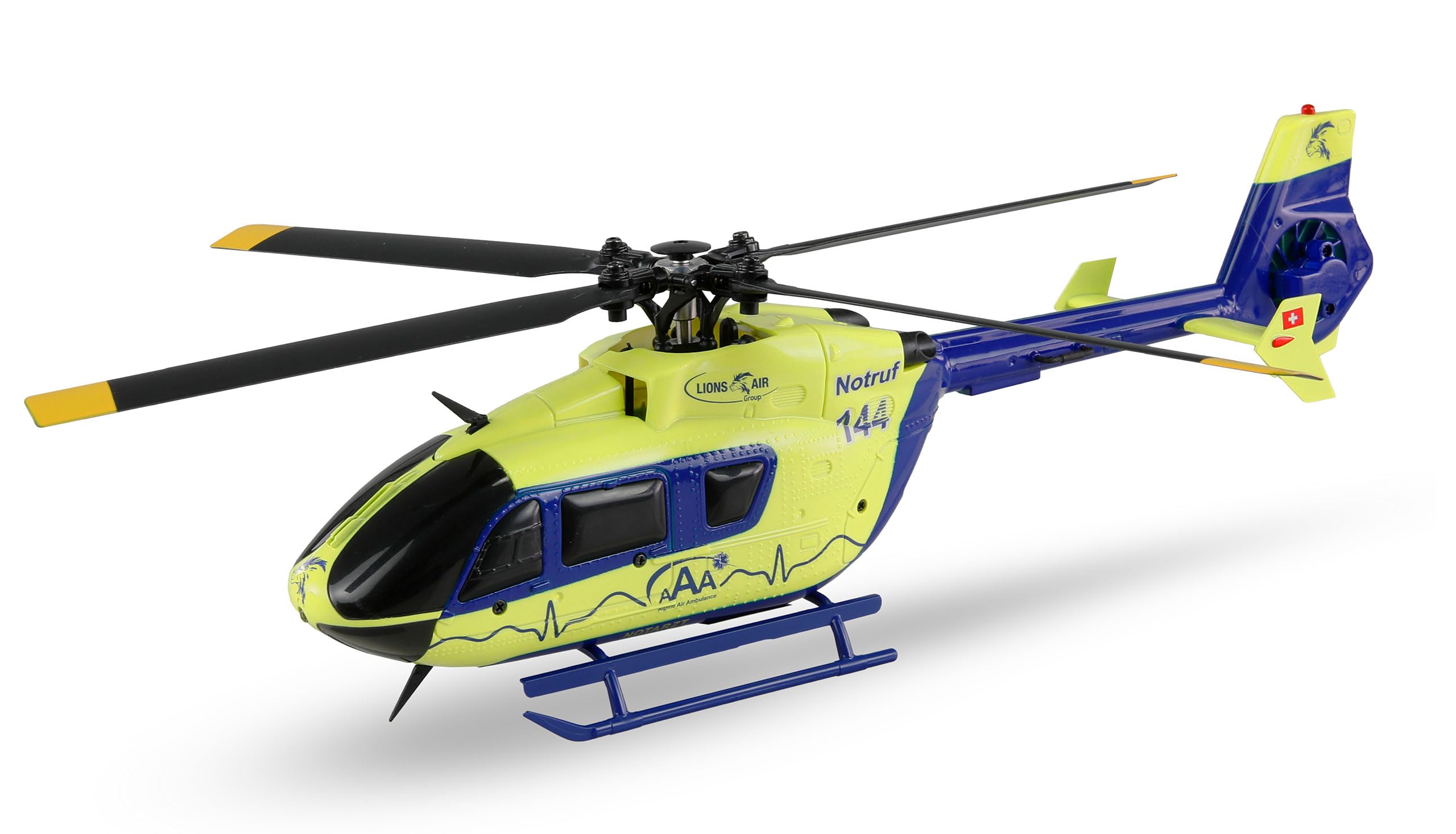 Amewi AFX-135 Alpine Air Ambulance Helicóptero de 4 Canales 6G RTF Amarillo neón Azul