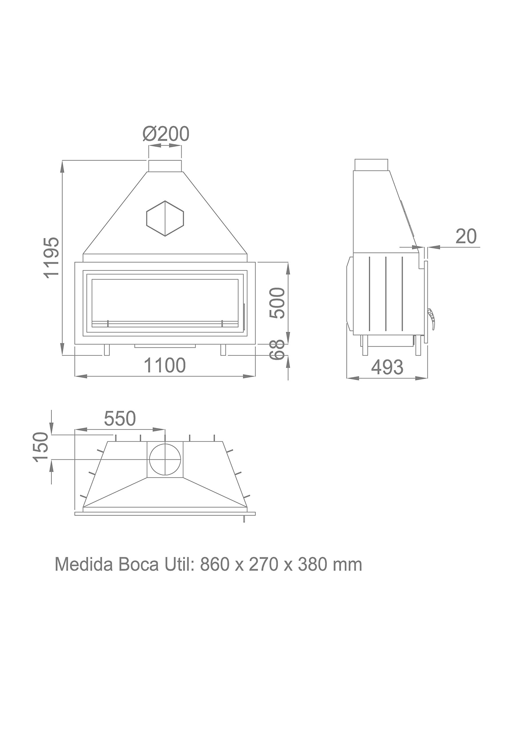 Hogar panorámico de chapa con puerta e interior de vermiculita. Modelo Londres