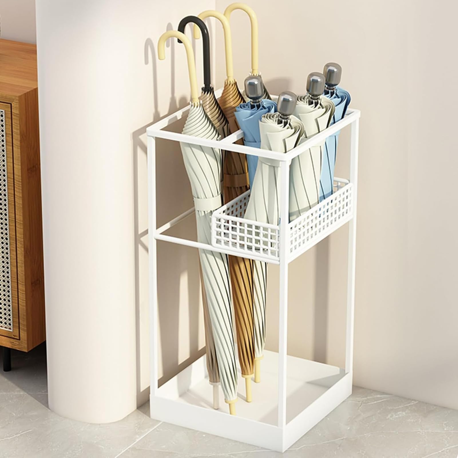 XDLEDMKIZ Modern Metal Umbrella Stand - Freestanding Entryway Umbrella Holder with Shelf & Drip Tray for Small Umbrellas Stylish Cane Storage White Finish