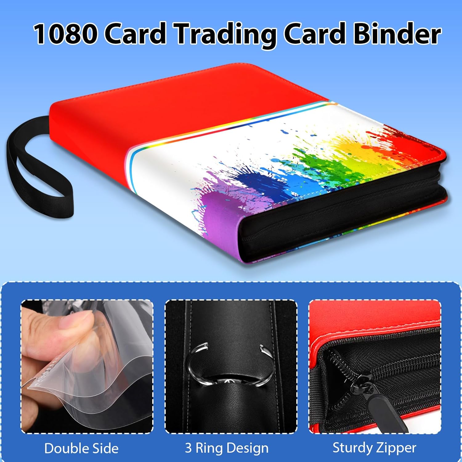 1080 Pocket Trading Card Binder Card Binder 9 Pocket with 60 Removable Sleeves Toploader Binder 3-Ring Zip Card Collection Binder Album for Sports Baseball Card and TCG MTG Cards of Gifts (Colorful)