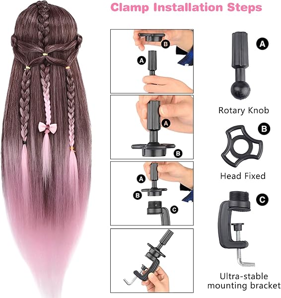 TopDirect Testa per Parrucchieri, 75 cm Testa Bambola da Pettinare Capelli 100% Sintetica Morbidi, Studio Manichino Pratica con Morsetto + DIY Accessori, Rosa + Marrone - 3