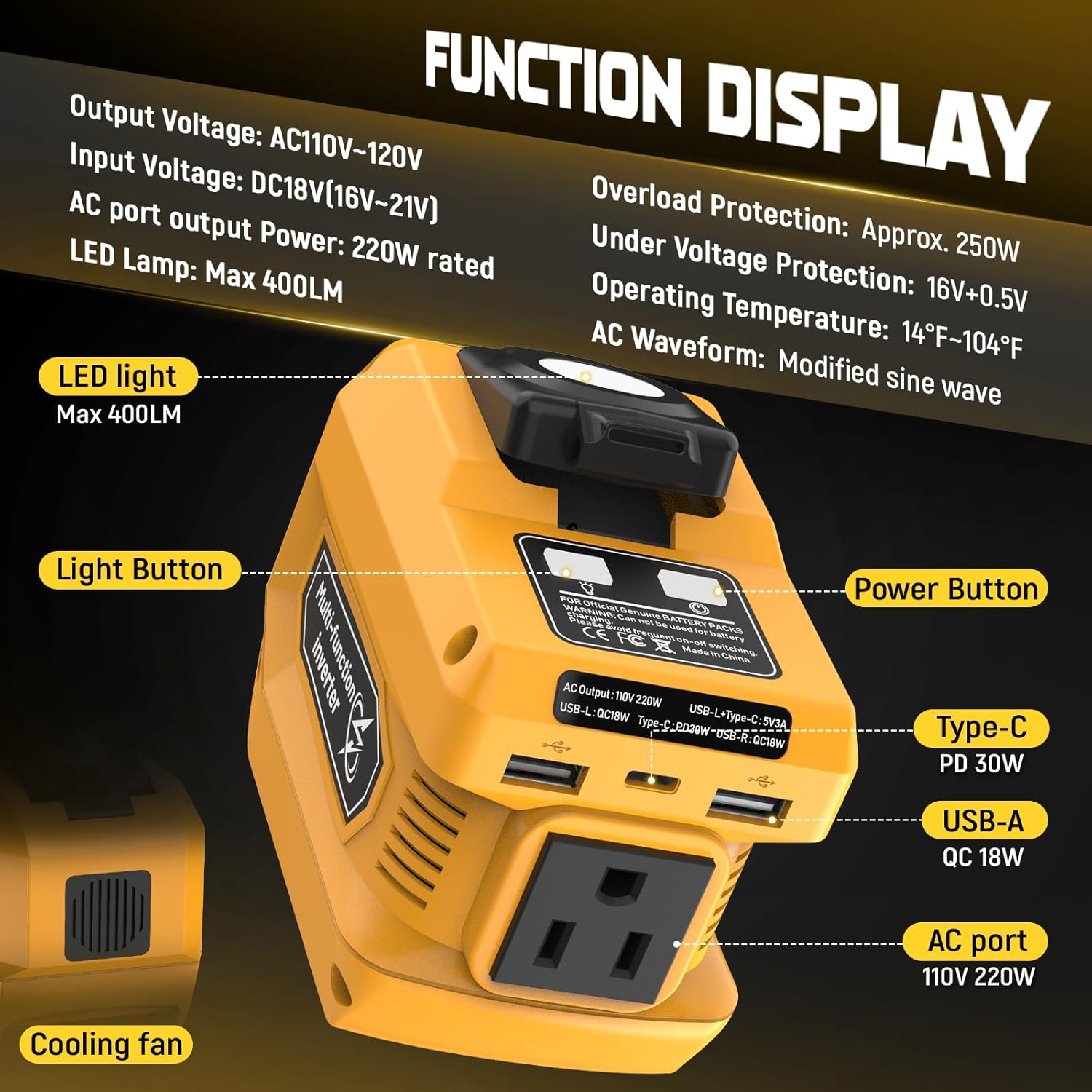 2-Pack 220W Power Inverter Compatible with DeWalt 20V Battery (Battery Not Included), DC 20V to AC 110V Portable Power Station with 1 AC Outlet, 2 USB QC Ports & 1 Type-C PD Port, 400LM LED Work Light