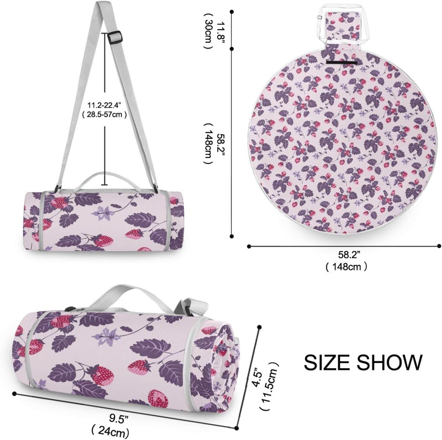 Round Outdoor Picnic Blanket - Fits 2 Adults, Summer Accessories Soft Foldable Picnic Blanket Dual Layer, Sand-Free, Soft Throw Rug 58 in (Old Slow Style Strawberry Purple Red)
